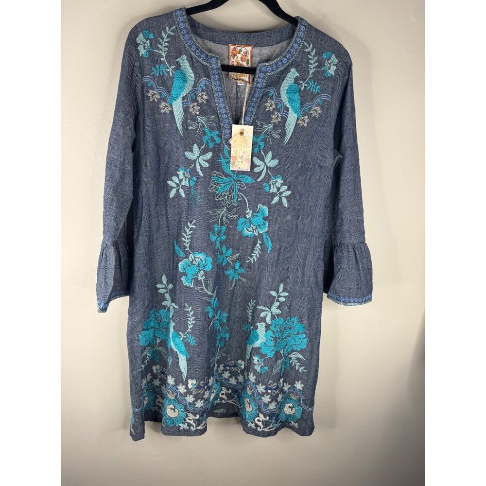 NWT Johnny Was Ruffle Sleeve Embroidered Dress Kikio Denim Blue V-Neck Size S - Picture 6 of 10